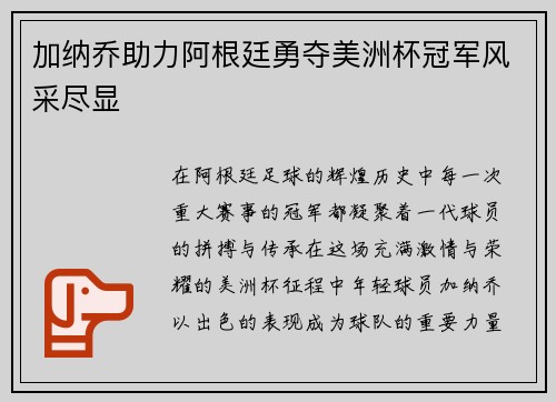 加纳乔助力阿根廷勇夺美洲杯冠军风采尽显 加纳乔助力阿根廷勇夺美洲杯冠军风采尽显